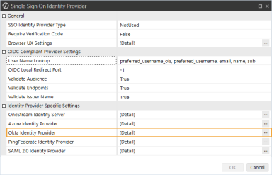 The Single Sign On Identity Provider dialog box has a grid with row headings that have a gray background with black text and can be expanded to display fields with a white background and black text. In this example, in the Identity Provider Specific Settings section, Okta Identity Provider is highlighted.